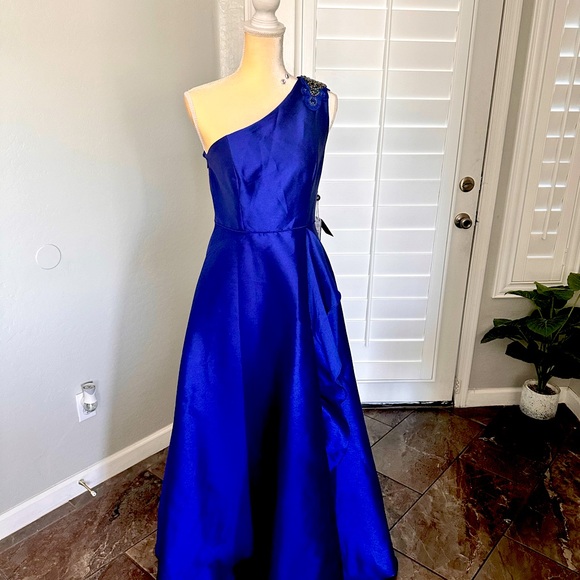 ADRIANNA PAPELL Draped One-Shoulder Gown formal prom cocktail party royal blue - Picture 4 of 10
